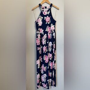 TRIXXI Junior’s Floral Open-Back Maxi Dress Size Large Navy Blue And Pink